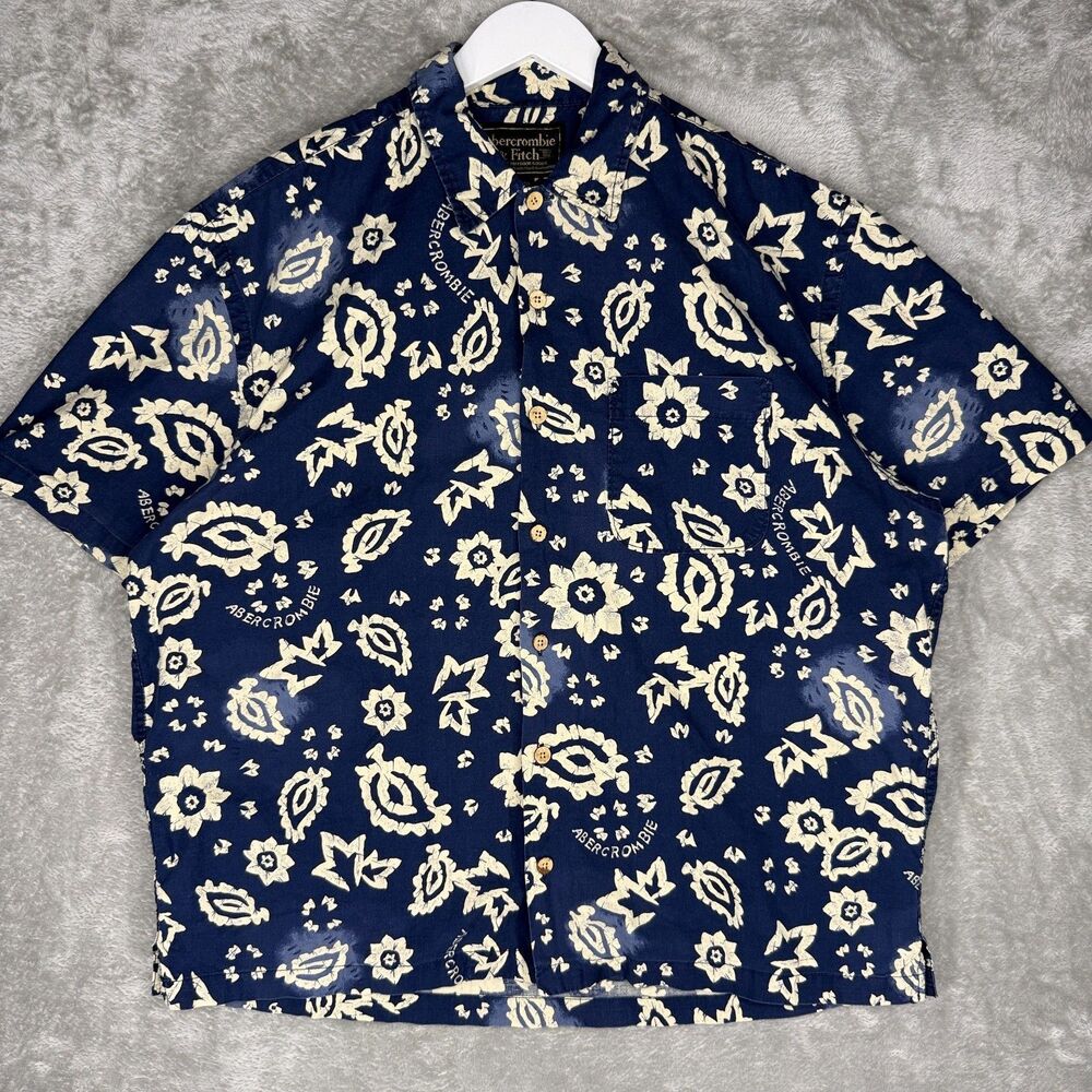 Vtg 90s Abercrombie & Fitch Hawaiian Shirt Mens Large Blue Floral Wood Buttons